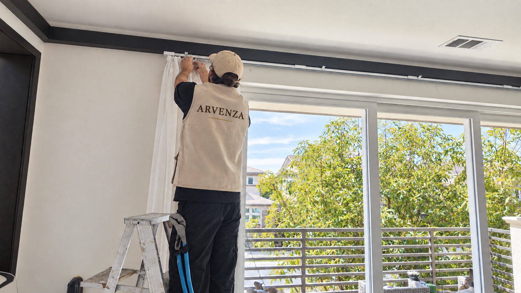 Arvenza 安装人员将窗帘连接到顶装轨道
