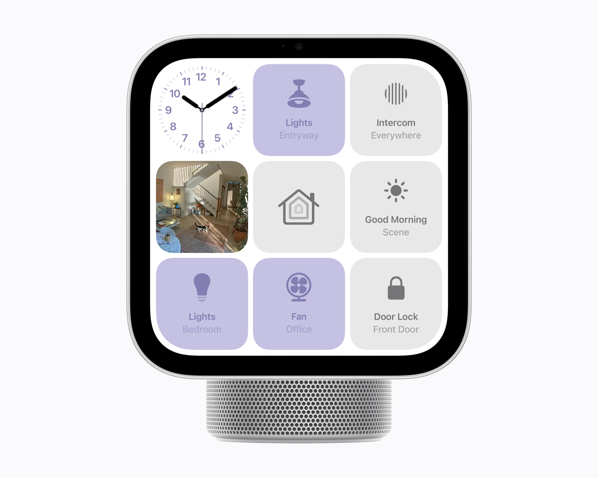 Apple HomeView tabletop model with a light lavender interface