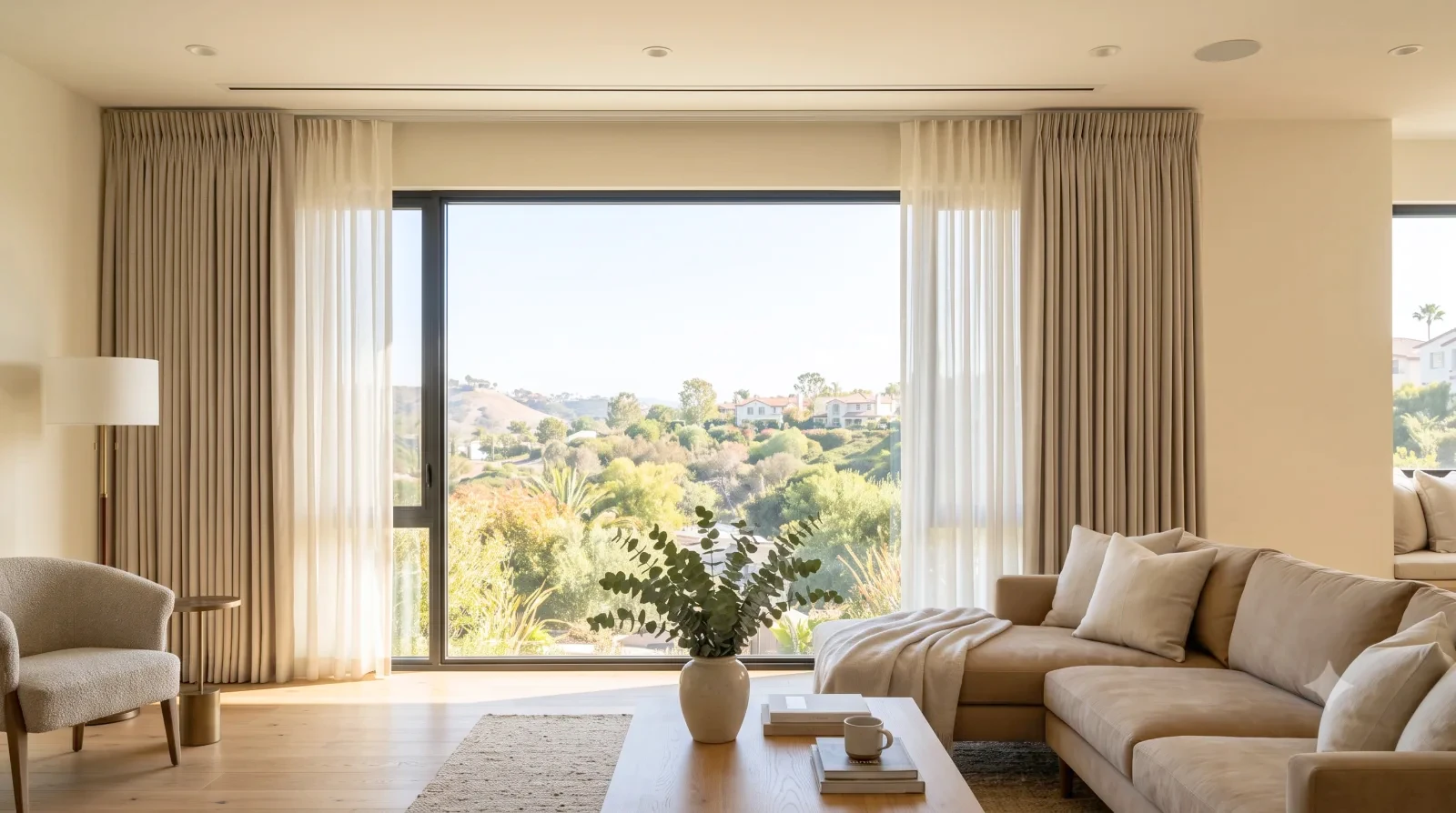 Layered curtains open in a warm living room