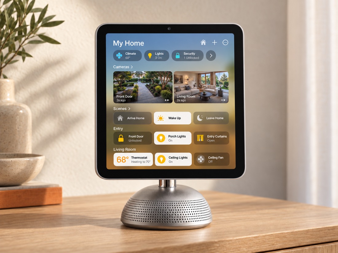 HomeView tabletop speaker-base concept with a square display and Apple Home-style controls