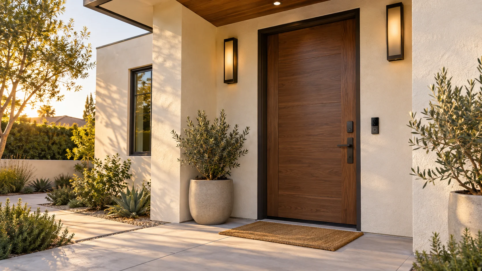A residential entry with a smart lock and doorbell