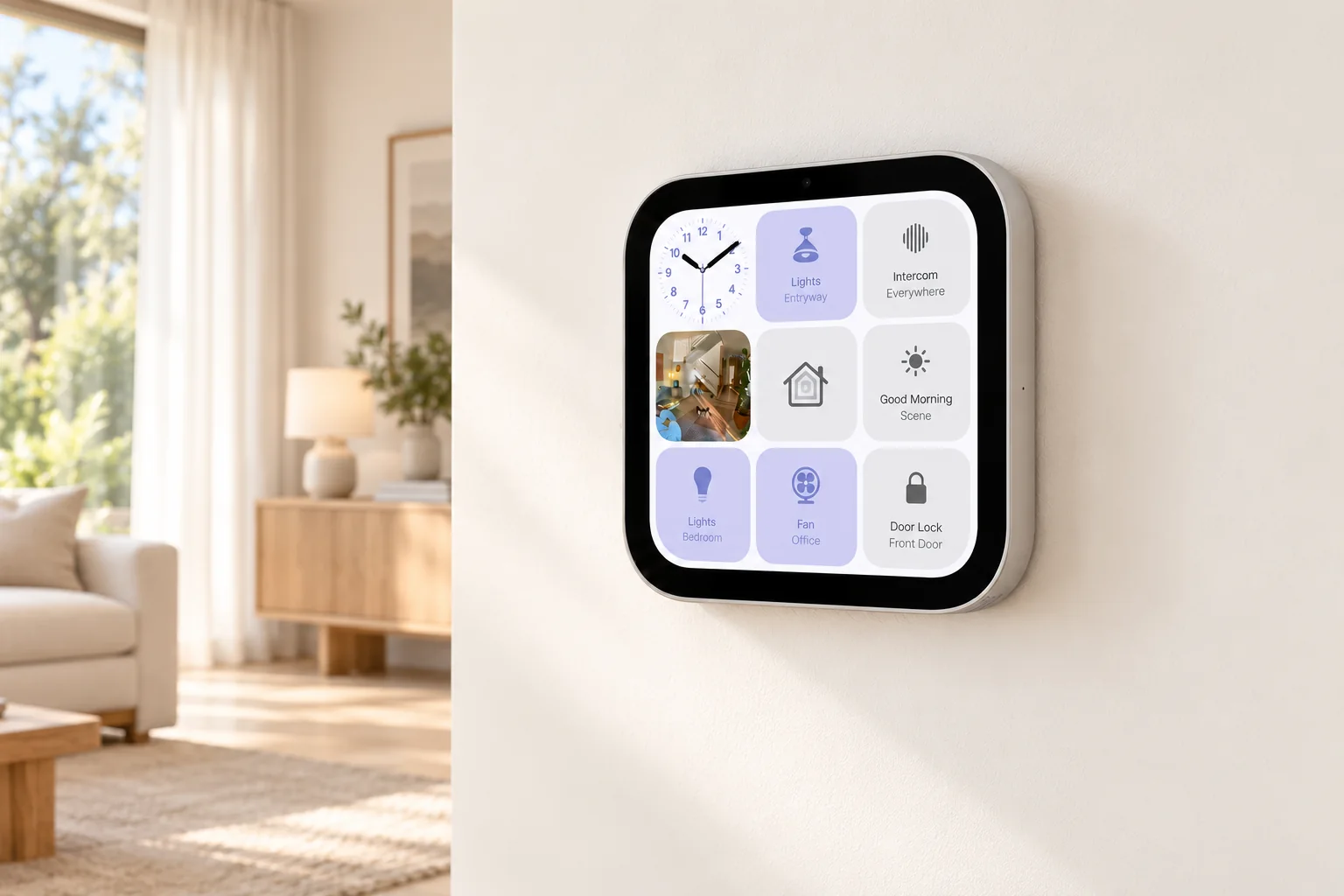 HomeView mounted beside a curtained living room
