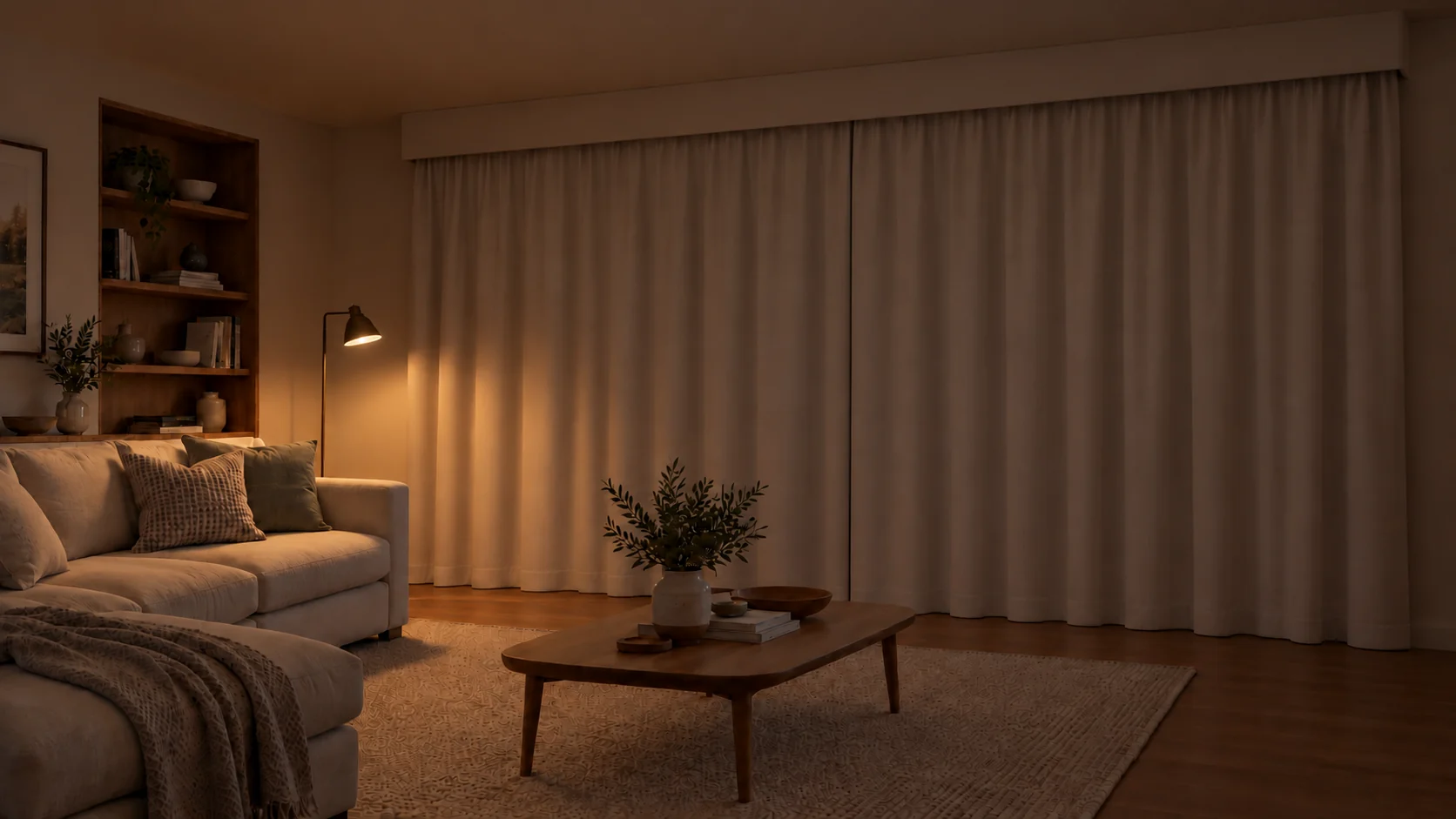 A living room with soft evening lighting