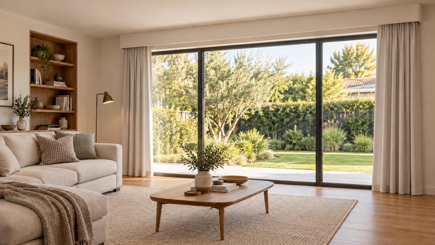 A sunlit living room with open curtains